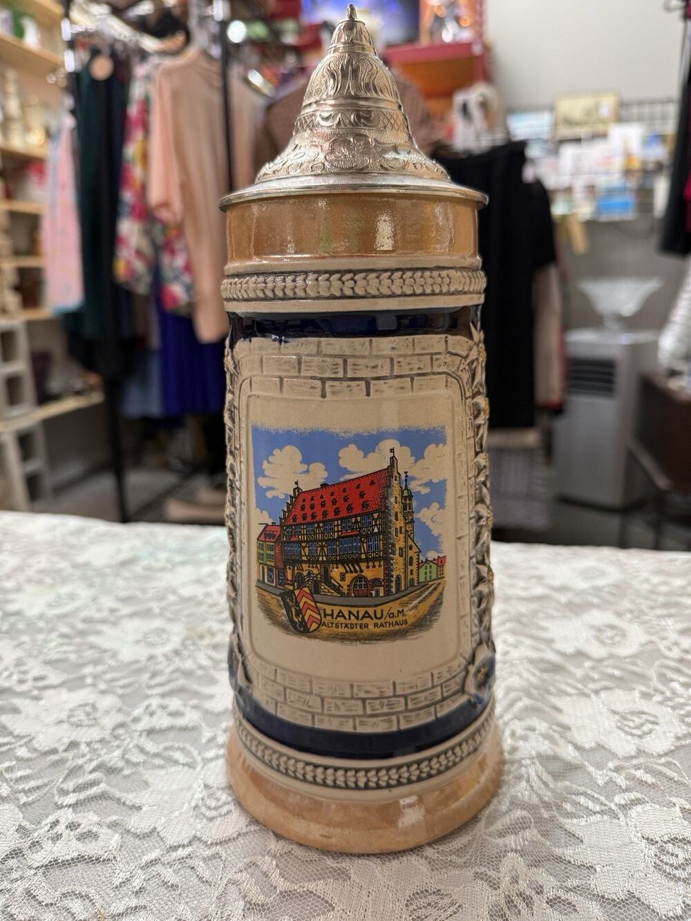 Vintage GERZ GERZIT GERMANY Lidded Beer Stein Hanau Alstadter Rathaus 11.25”